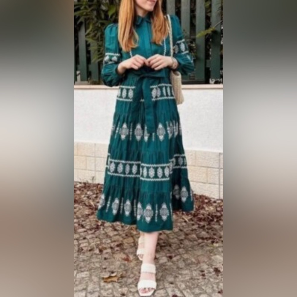 ZARA Sz L Tiered Ruffle Puff Sleeve Hidden Buttons Belted Embroidered Dress